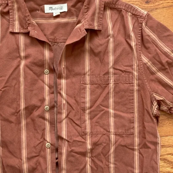 Madewell Men’s Burn Orange Striped Short Sleeve Button Up - Picture 3 of 5